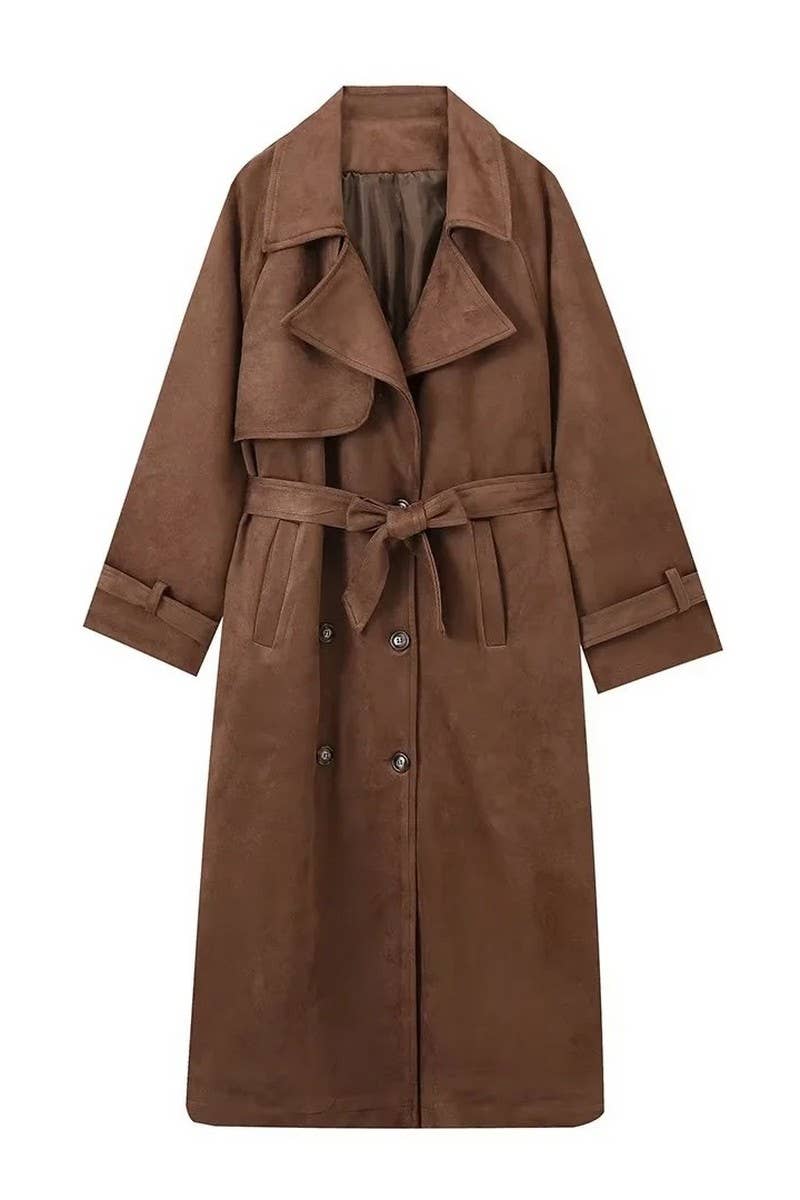 COFFEE CWOCO1075_DOUBLE BREASTED LAPEL FAUX LEATHER LONG COAT for wholesale on Faire8