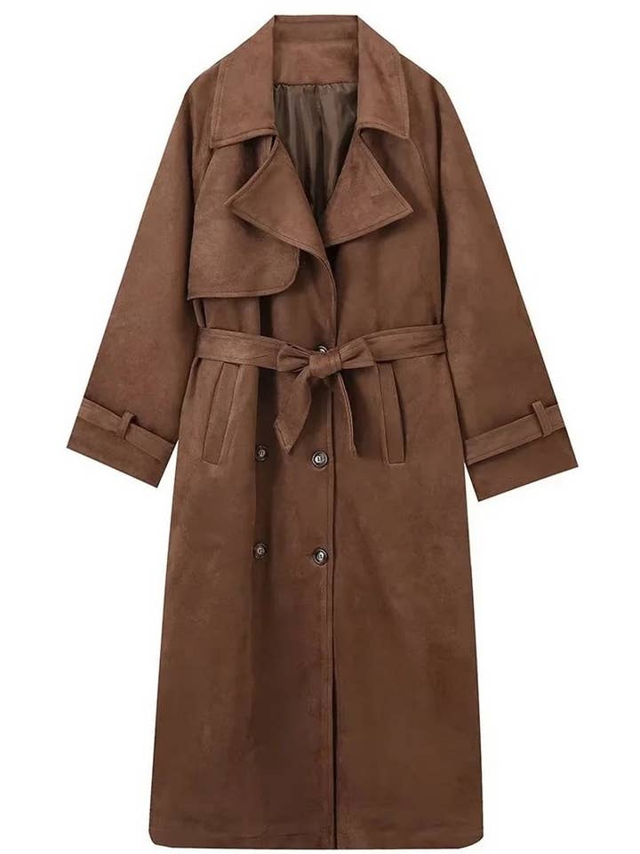 COFFEE CWOCO1075_DOUBLE BREASTED LAPEL FAUX LEATHER LONG COAT for wholesale on Faire8