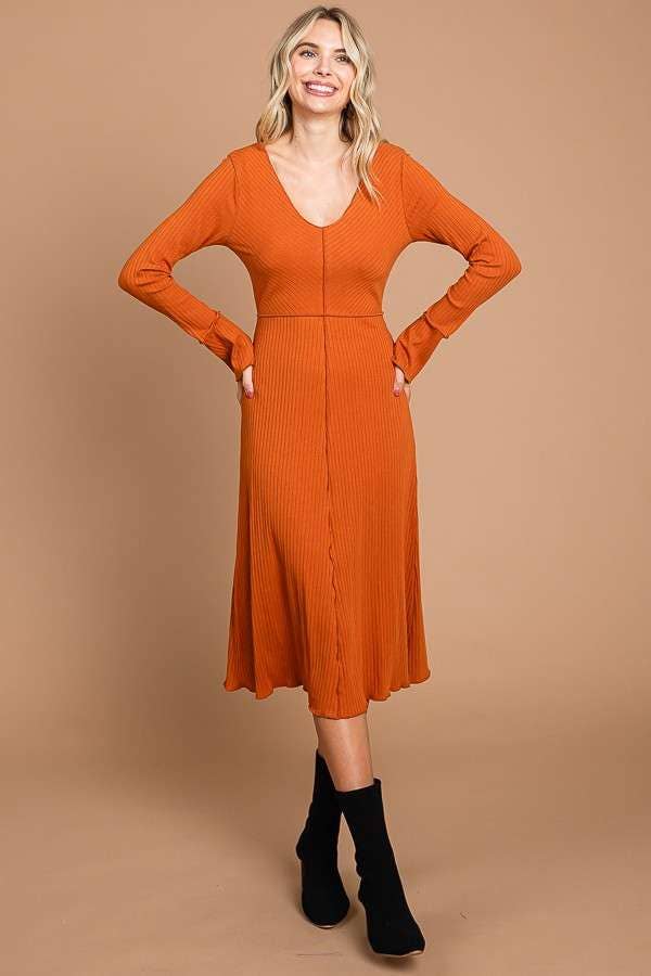 Culture Code - Wholesale Dress - Women's - CRD1798L - CHEVRON UPPER BODY FLARE LSLV MIDI DRESS5