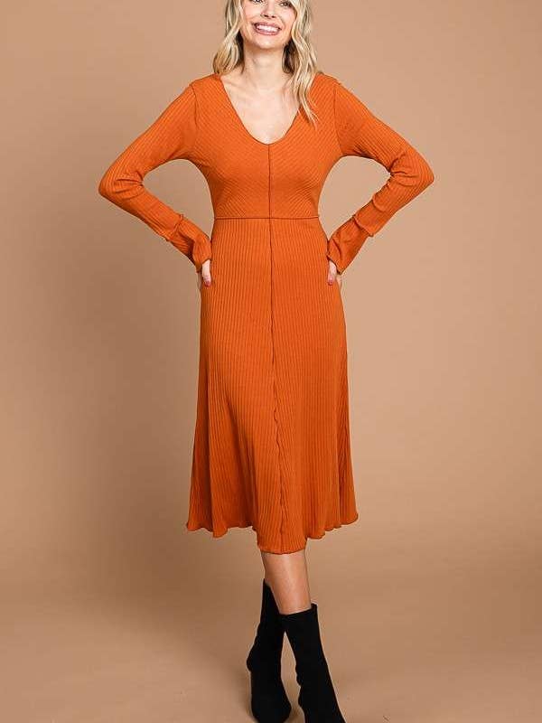 Culture Code - Wholesale Dress - Women's - CRD1798L - CHEVRON UPPER BODY FLARE LSLV MIDI DRESS5