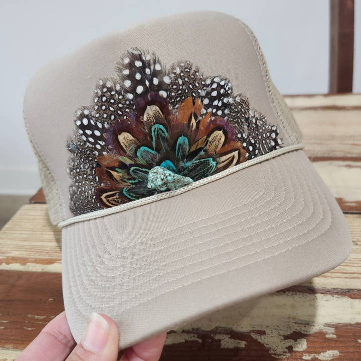 Funk Town Tees - Wholesale Trucker Hat - Women's - Feather Western Trucker Hat, Trucker Hat with feathers Khaki