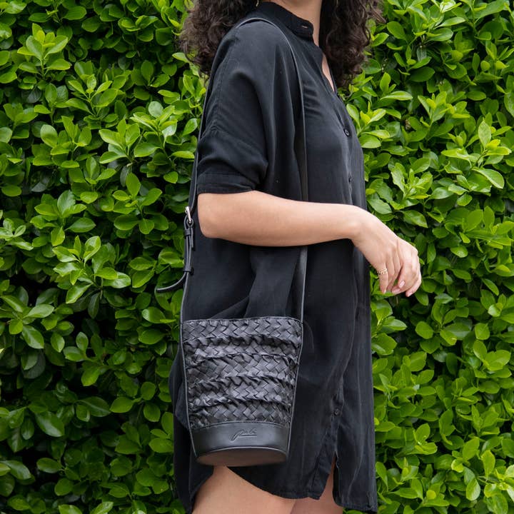 Mini Black Woven Leather Bucket Bag for wholesale by Per Lei New York
