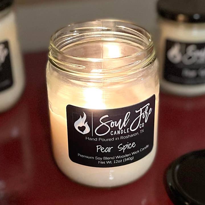 Pear Spice Wooden Wick Candle for wholesale by Soul Fire Candle Company