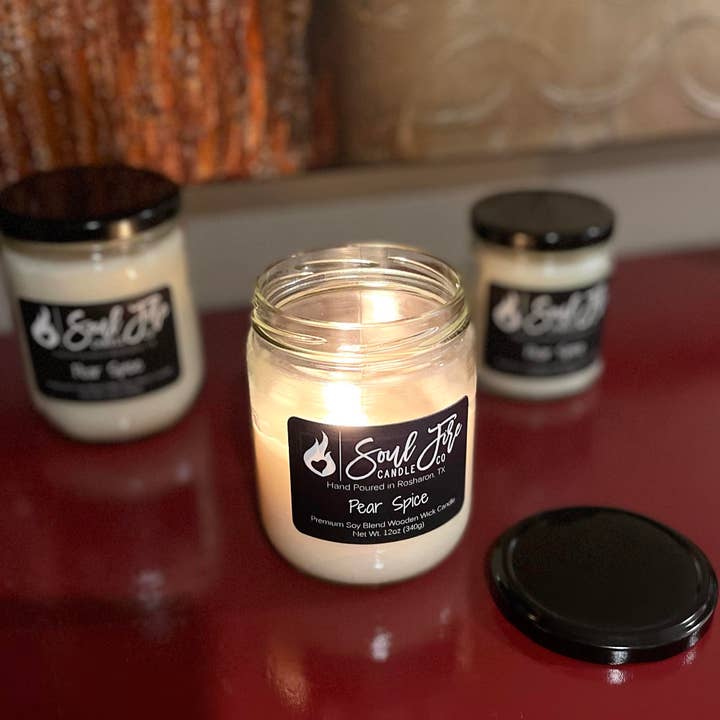 Pear Spice Wooden Wick Candle for wholesale by Soul Fire Candle Company