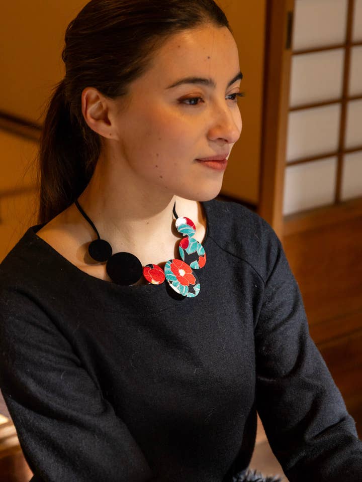 Kimono Fabric Circles Necklace - Tsubaki Pattern-small for wholesale by KOTO