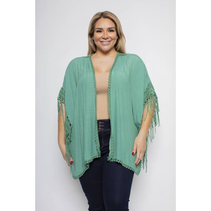 PLUS SIZE CROCHET FRINGE KIMONO CARDIGAN for wholesale by Curve Market