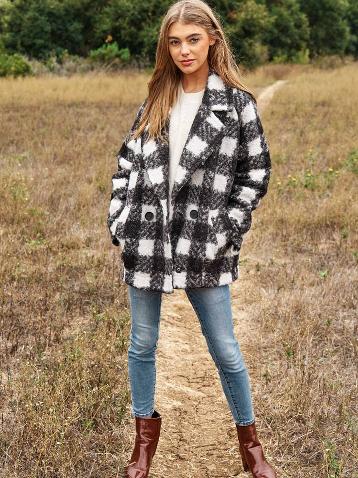 Black FUZZY BOUCLE TEXTURED DOUBLE BREASTED COAT JACKET for wholesale on Faire5