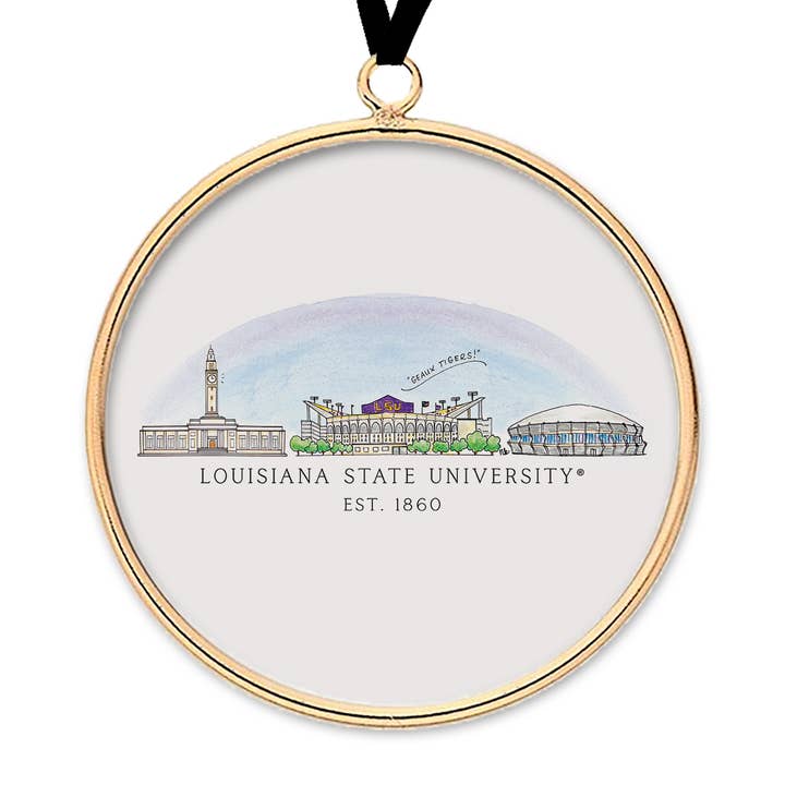 LSU Skyline Brass & Glass Ornament for wholesale by Valiant Gifts Inc