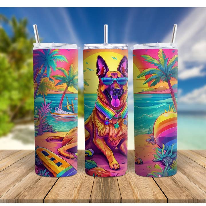 SoCal Creative - Venta al por mayor Vaso termo - Vaso delgado de acero inoxidable con forma de perro pastor alemán de los 90 en la playa, colorido arcoíris, 20 oz, taza de viaje con aislamiento GSD para verano