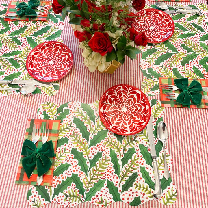Lucy Grymes Designs - Wholesale Disposable placemat - Jolly Holly Scalloped Rectangle Paper Placemats | Set of 245