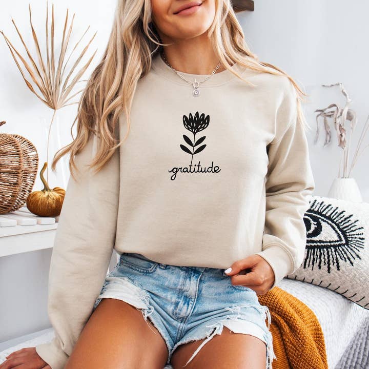 Gratitude sweatshirt, unisex hand printed flower crewneck, block printed floral illustration, soft fleece jumper, fall ethical clothing for wholesale by M.E. Image