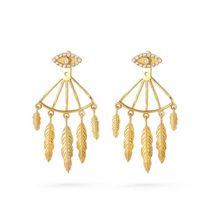 Boucles d'oreilles #FeatherEye - Argent sterling plaqué or 18 carats avec zircone pour la vente par Dropps By Szhirley