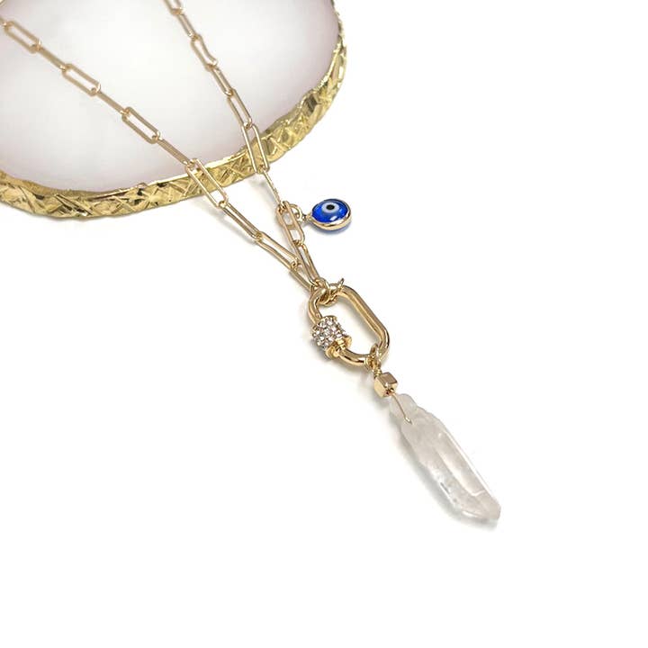 Crystal Bullet Pendant Lock Stone Evil Eye Necklace for wholesale by StarryNYC