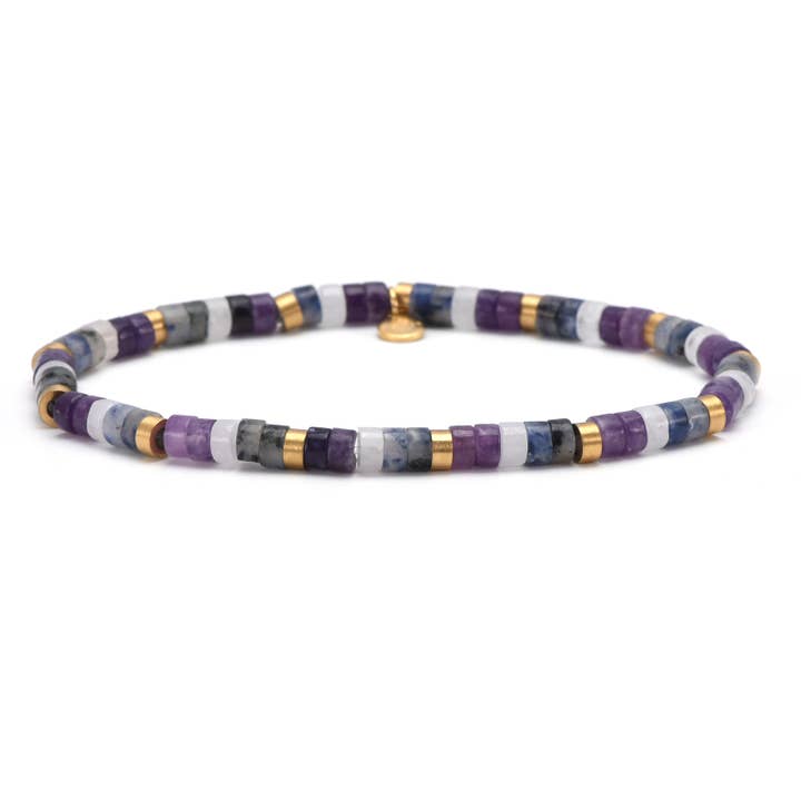 Pulseira de aço com contas heishi 4mm ametista e jaspe branco por atacado de SIXTY STONES