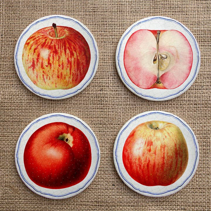 'Vintage produce' ceramic coaster set of 4 (apples) for wholesale by Reimagined by Anna Stark
