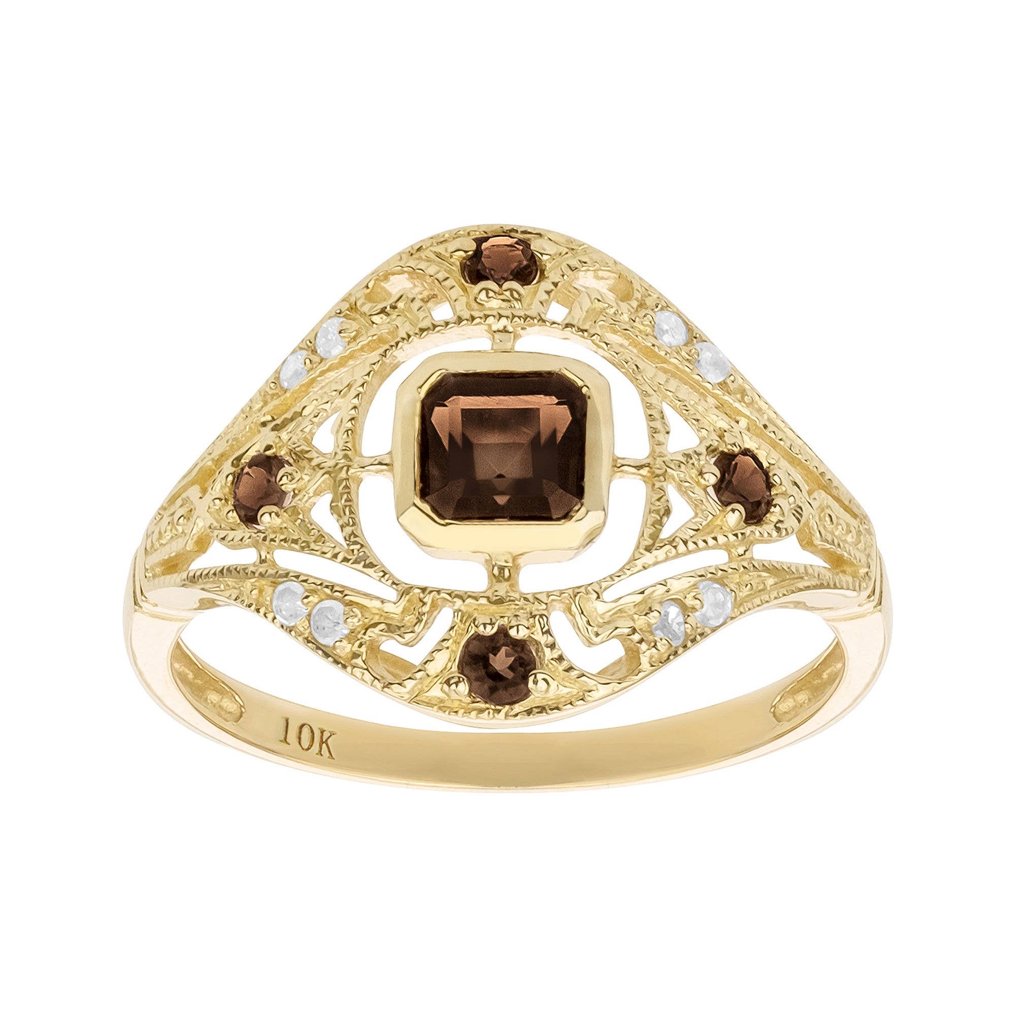 Luxurie Inc - Wholesale Multi-Stone Ring - 10k Yellow Gold Vintage Style Genuine Smoky Quartz and Diamond Ring