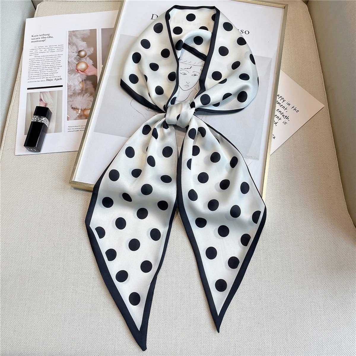 ACCITY - Wholesale Head Scarf - Women's - POLKA DOT SIMPLE GEOMETRIC LONG SILK HEAD SCARF_CWASC15192