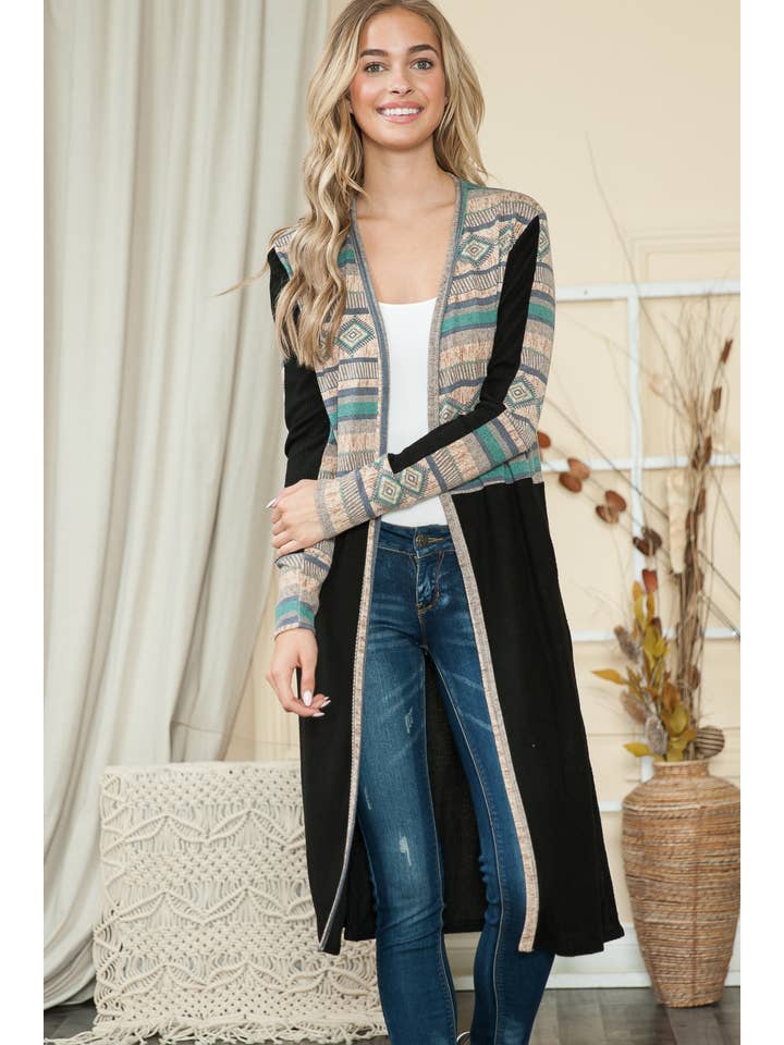 Tribal Print Mixed Media Maxi Cardigan with Side Pockets-2 for wholesale on Faire