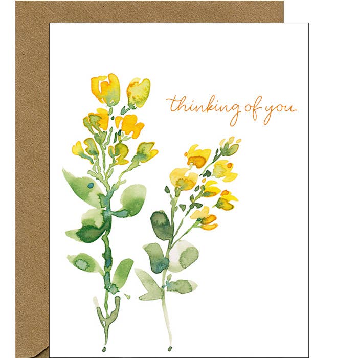 Watercolor Yellow Floral Thinking of You Greeting Card for wholesale by Pink Bathtub Designs