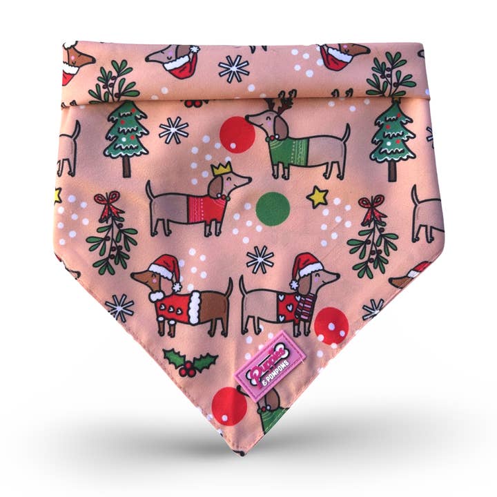 Bandana de Noël en forme de teckel, à nouer pour la vente par Puppies & Pom Poms