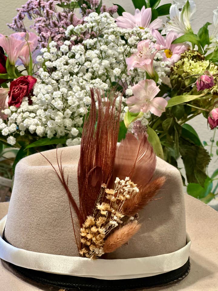 Floral & Feather Hat pin for wholesale by Palms Over Pines