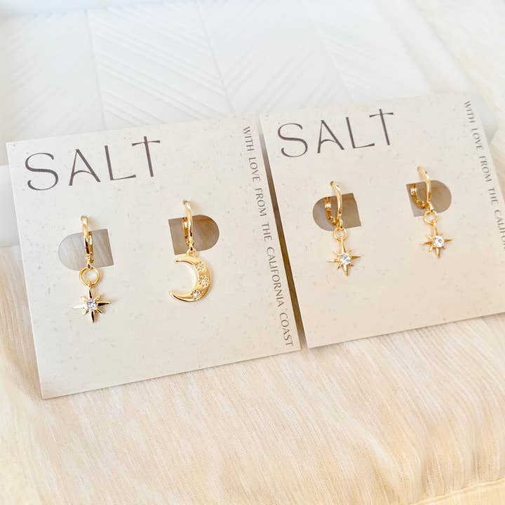 SALT by Sarah Curtis - Wholesale Huggie Earrings - STAR & MOON HUGGIE HOOPS | gold | celestial charm earrings 1
