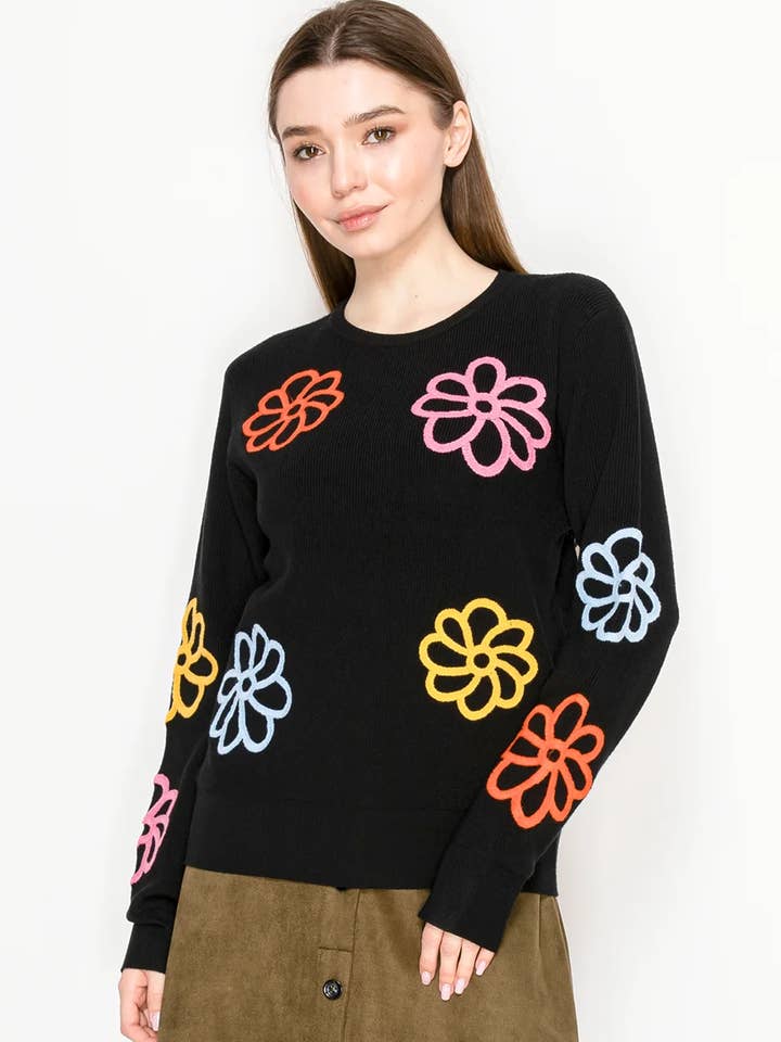 Grafisches Florales Schwarzes Strickoberteil für den Großhandel von Yal New York