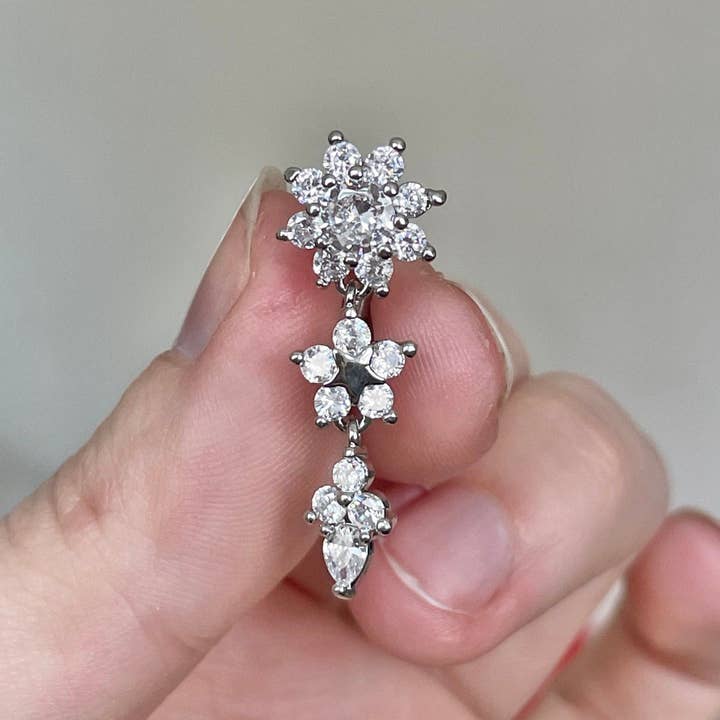 Top Down Silver Flower Belly Button Ring (14G | 10mm | Surgical Steel | Silver, Rose Gold, or Gold) for wholesale by Elara Body Jewelry