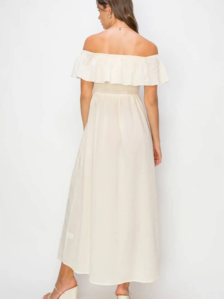 Cream Ruffle Tiered Off Shoulder Side Slit Smocked Midi Dress for wholesale on Faire1