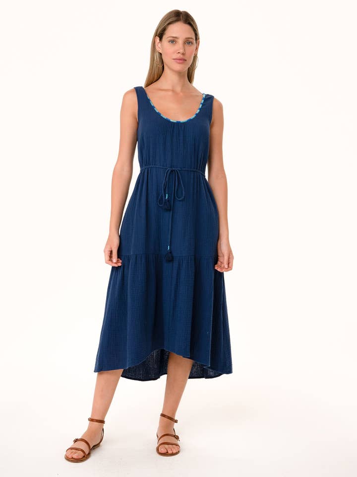 Cute Blue Cotton Gauze Scoop Neck Midi Dress for wholesale by Lovestitch