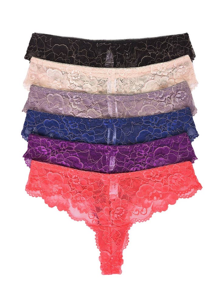 PACK OF 6 SOFRA WOMEN'S NYLON BLEND ALLOVER LACE THONG (LP7968LT2) for wholesale by 247 Frenzy