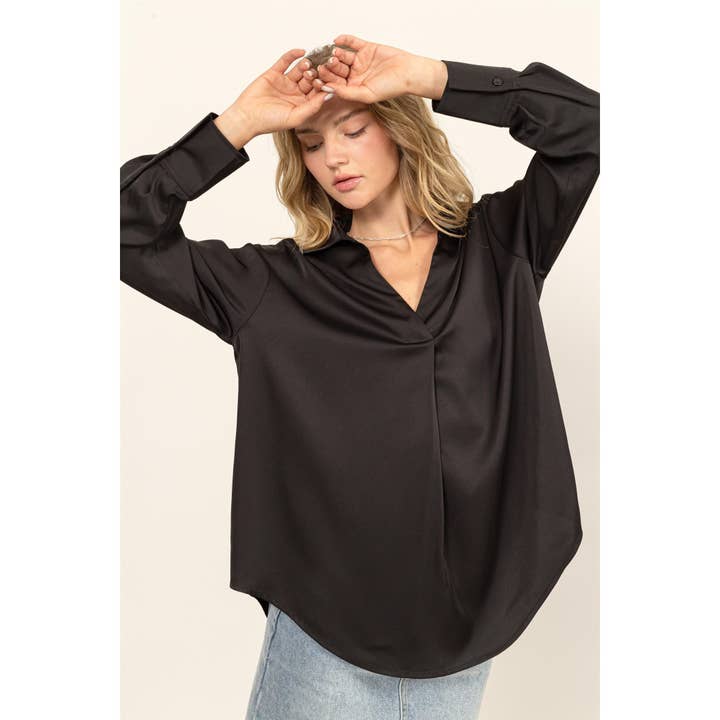 HYFVE - Wholesale Blouse - Women's - DZ25E266-Collared V-Neck Satin Blouse
