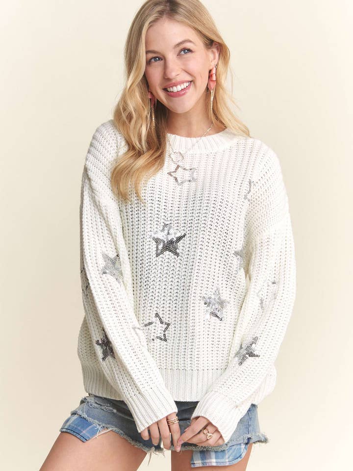 ADORA LA – wholesale Pullovertröja - Dam – CESW3745 - STJÄRNTRÖJA MED DROPPAXLADE PALJETTER