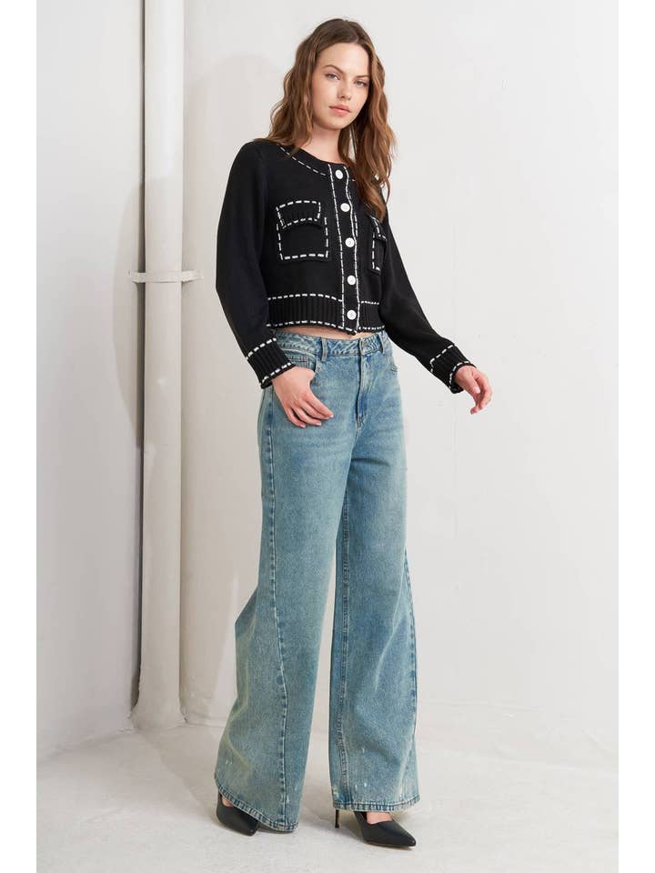 A sweater knit top - FSW1326 BLACK WHITE for wholesale on Faire6