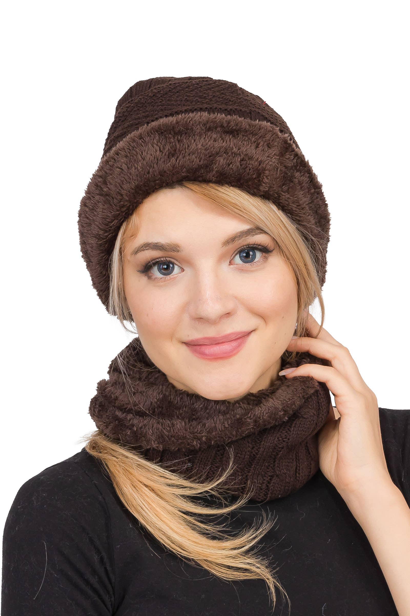 ASSORTED Earth Tone Cable Knitted Fur Beanie Scarf for wholesale on Faire4