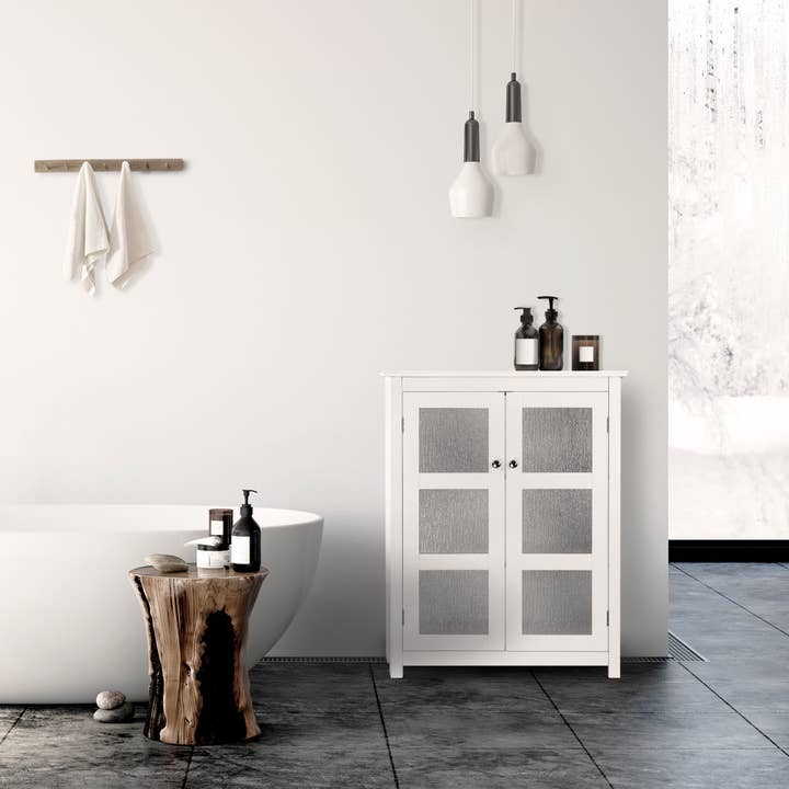 White Connor Floor Cabinet with 2 Glass Doors for wholesale on Faire