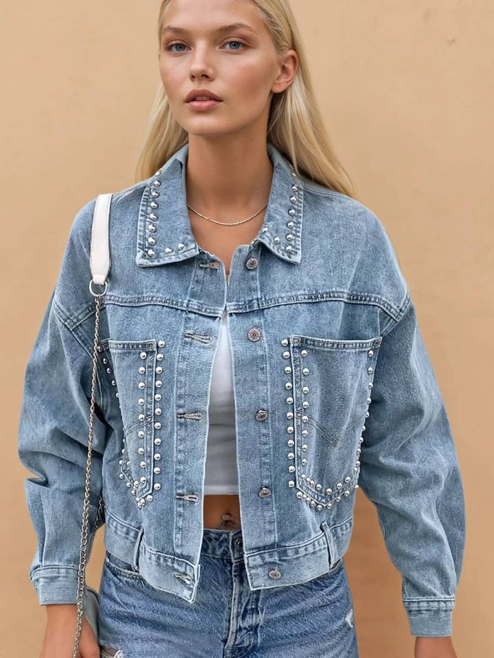 BESTICKTE KURZE GEWASCHENE DENIMJACKE W6172JIA für den Großhandel von WISTERIA LANE