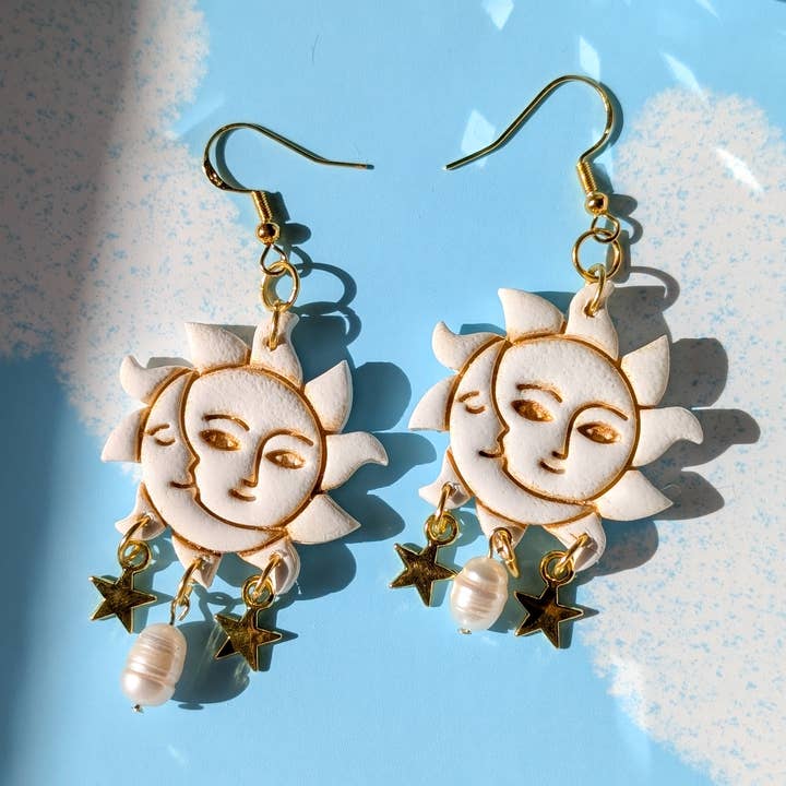 Sun and Moon solar gold white charm Clay earrings for wholesale by Luxe Trauma