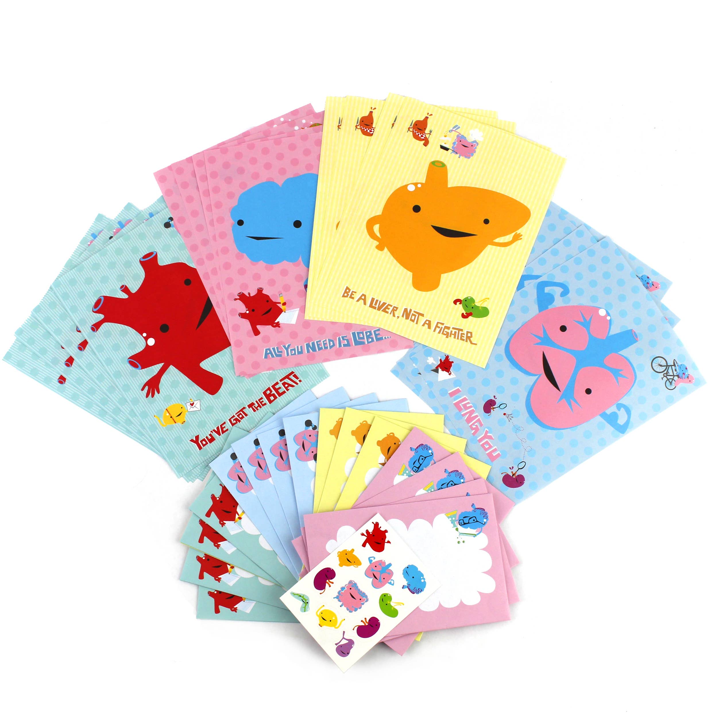 I Heart Guts | Organ Plushies Wholesale - Wholesale Stationery/Notecard Set - Guts Mix and Match Stationery Set With Stickers1