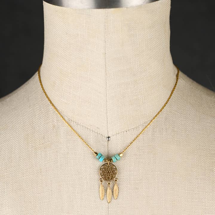 KBD Studio - Wholesale Pendant/Charm Necklace - Brass Dream Catcher w/ Turquoise Jasper Semi Precious Neck2