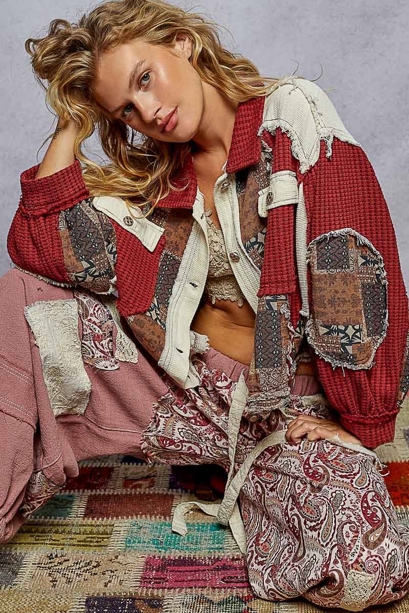 Pol Clothing - Wholesale Jacket - Women's - Balloon Sleeve Contrast Paisley Pattern Cropped Knit Jacket1