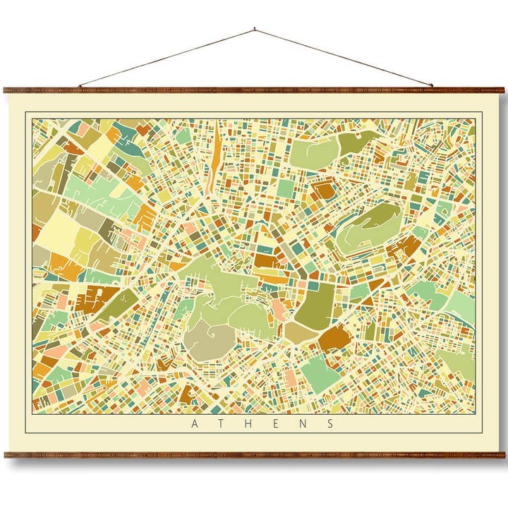 Athens Greece Mosaic City Art Map Vintage Colored on Ready to Hang Roll Down Canvas Decorative Antique Wall Decor Map Scroll for wholesale by Maps Vintage