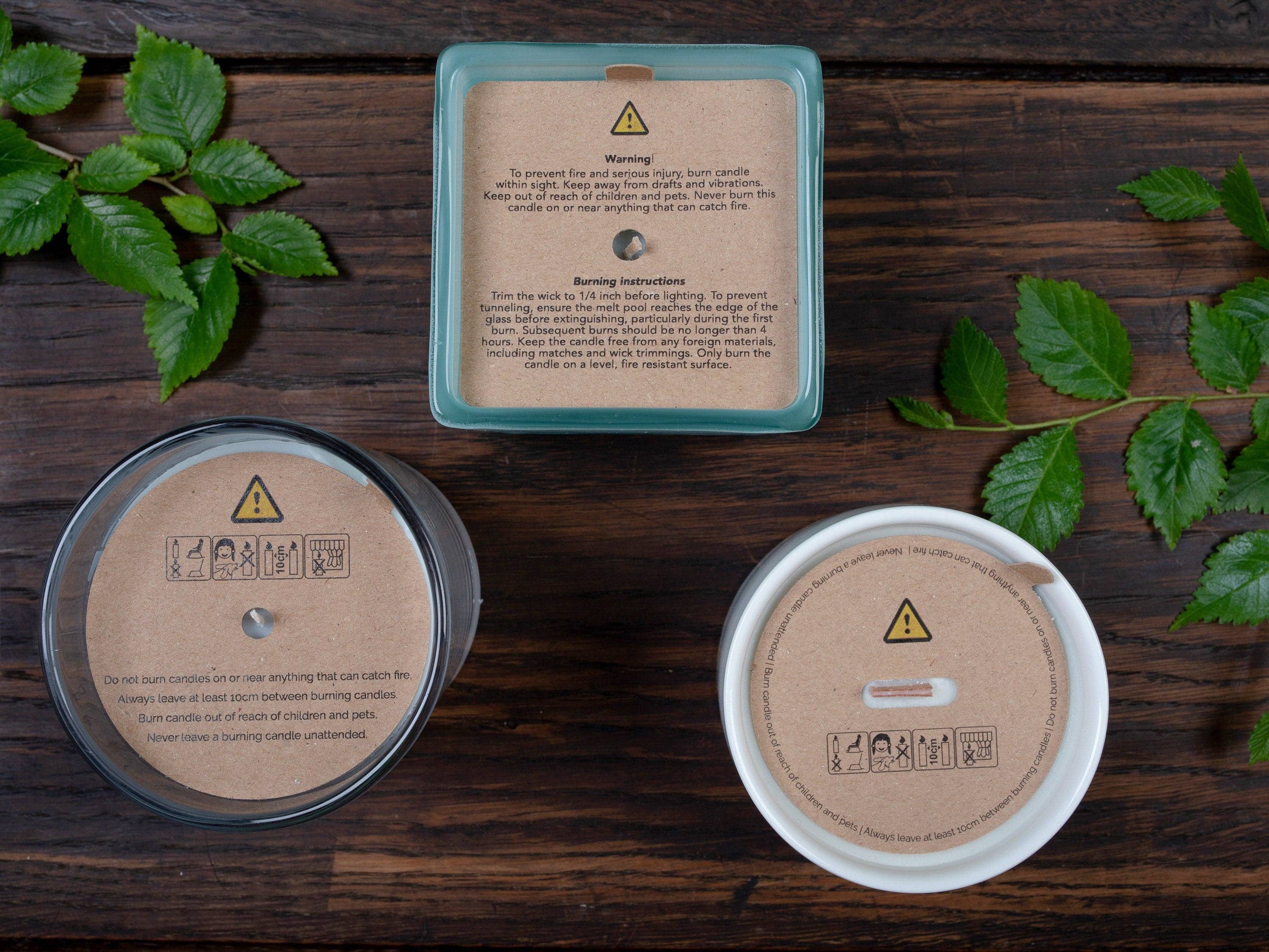 Fernery Designs - Wholesale Candle Holder - Warning & Burning Instruction Design Kraft Candle Dust Covers for wooden wick2
