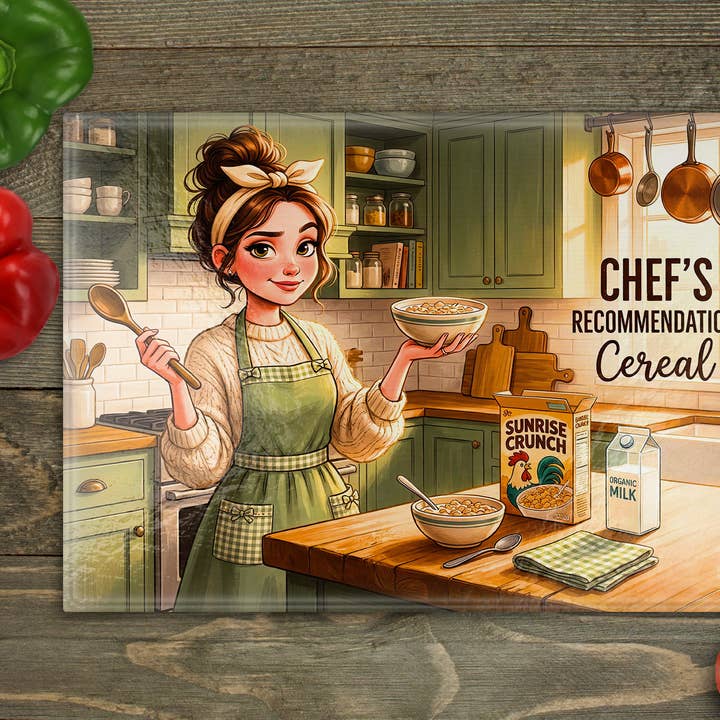 Chef Cereal Glass Cutting Board for wholesale by Beautiful Creations by Laney