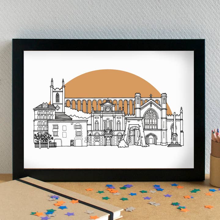 Newry Skyline Landmarks Art Print - unframed for wholesale by Becka Griffin Illustration