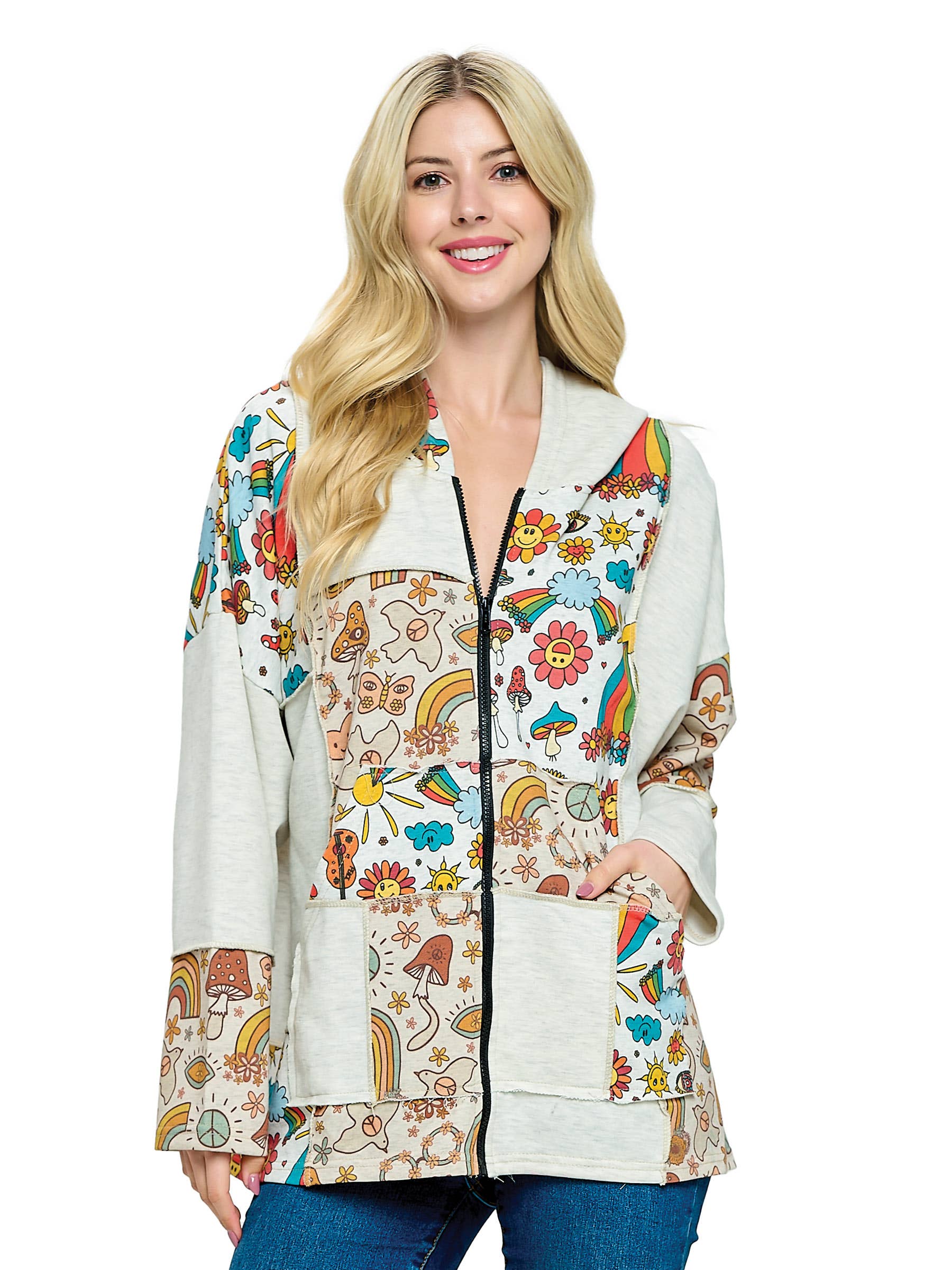 L Gray Zip-up Hoodie Patchwork Whimsical Mushroom Rainbow Print for wholesale on Faire0