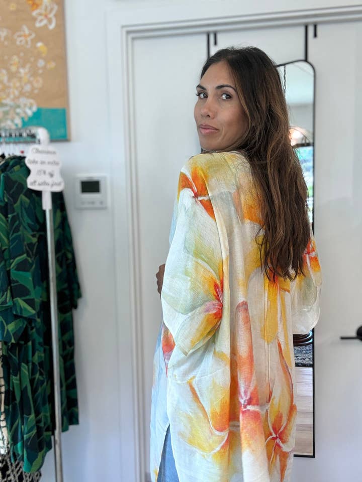 Plumeria heaven kimono for wholesale by Paradise Now Hawaiʻi