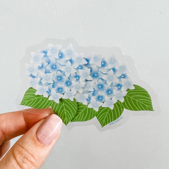 Blue Hydrangea clear vinyl sticker for wholesale by Lemon Press Studio