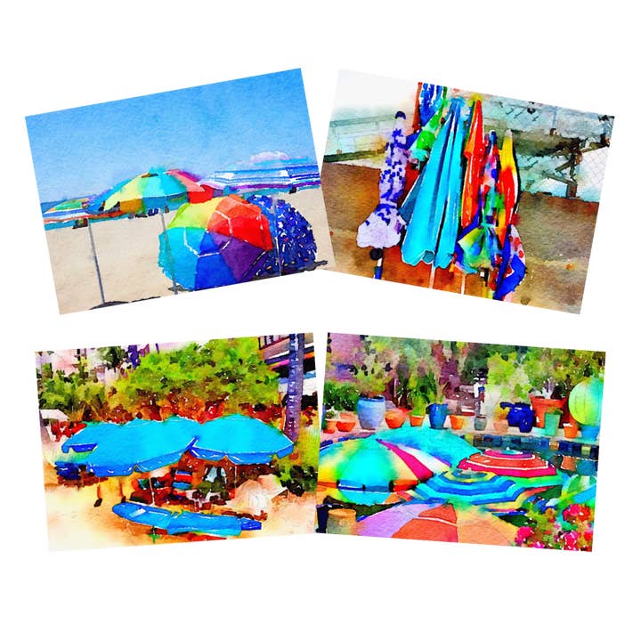 Set di notecard acquerello ombrellone da spiaggia per la vendita all'ingrosso da parte di Immaginare + Seaside