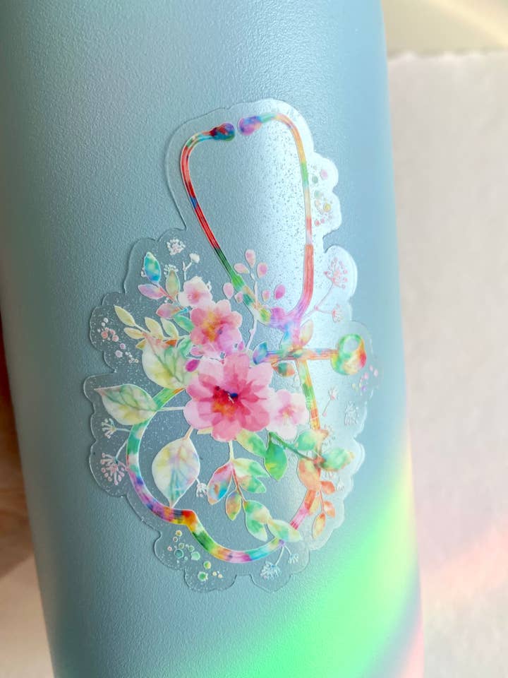 CLEAR Floral Watercolor Stethoscope Sticker for wholesale by Mel's Crafty Corner